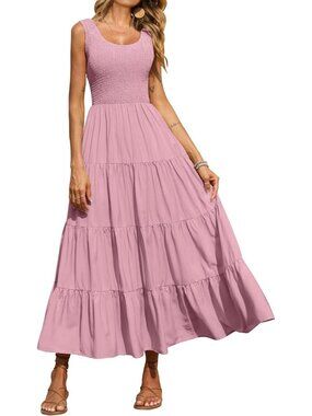 Women's Dress Maxi Pink Polyester Scoop Neck Short Vacation Casual Summer